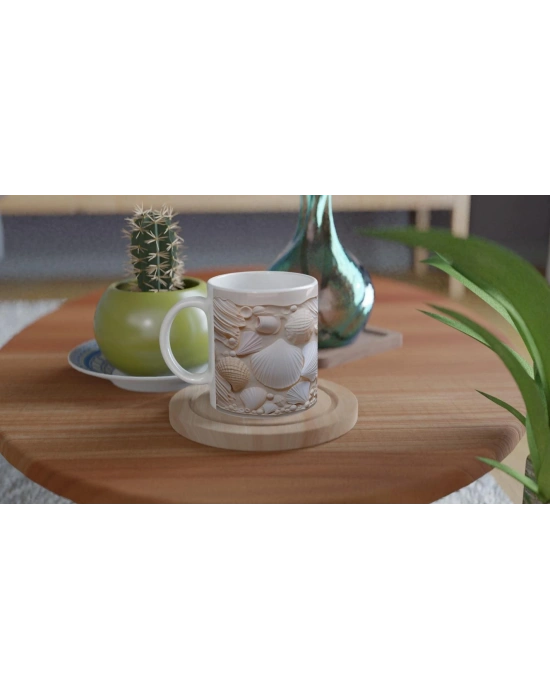 Pastel Kabuk Desenli Sade ve Şık Su Altı Temalı Kupa Bardak