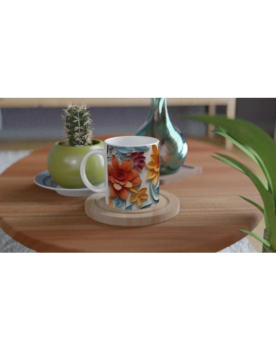 Pastel Kesitli Canlı Çiçek Desenli Kupa Bardak