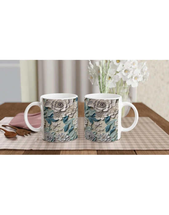 Pastel Mavi ve Krem Çiçekli Kupa Bardak