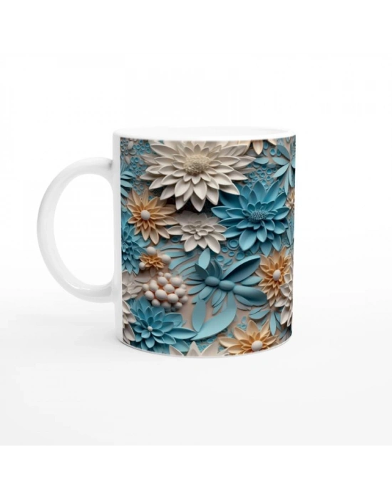 Pastel Mavi ve Krem Tonlu Çiçek Desenli Kupa Bardak