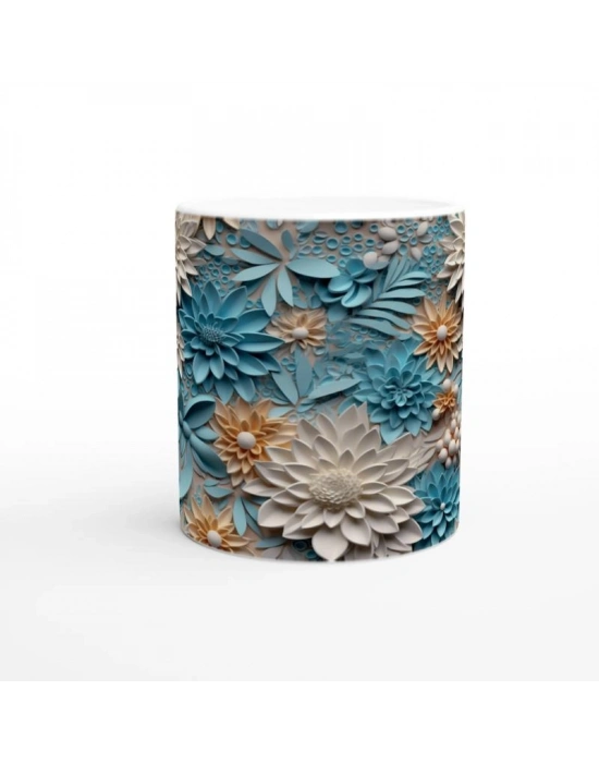 Pastel Mavi ve Krem Tonlu Çiçek Desenli Kupa Bardak