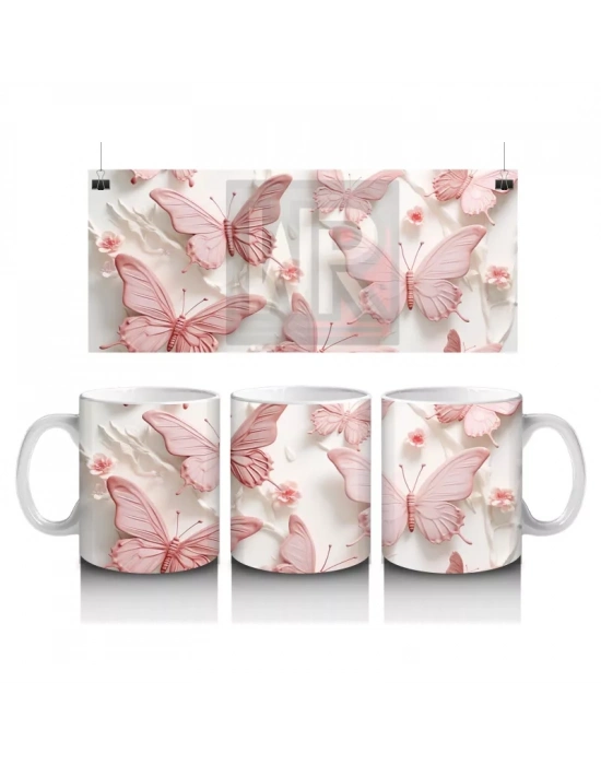 Pastel Pembe ve Beyaz Kelebekler – Baskılı Kupa