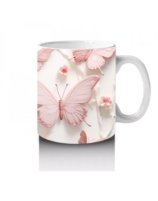 Pastel Pembe ve Beyaz Kelebekler – Baskılı Kupa