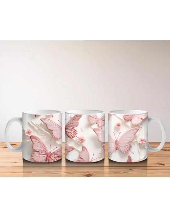 Pastel Pembe ve Beyaz Kelebekler – Baskılı Kupa