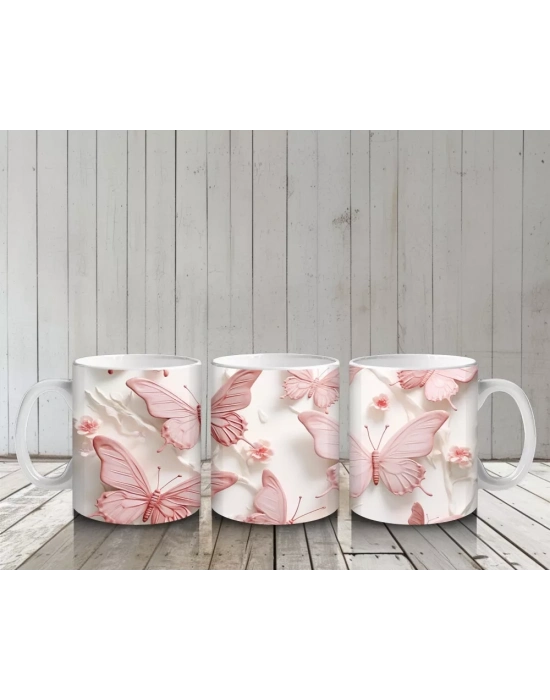 Pastel Pembe ve Beyaz Kelebekler – Baskılı Kupa