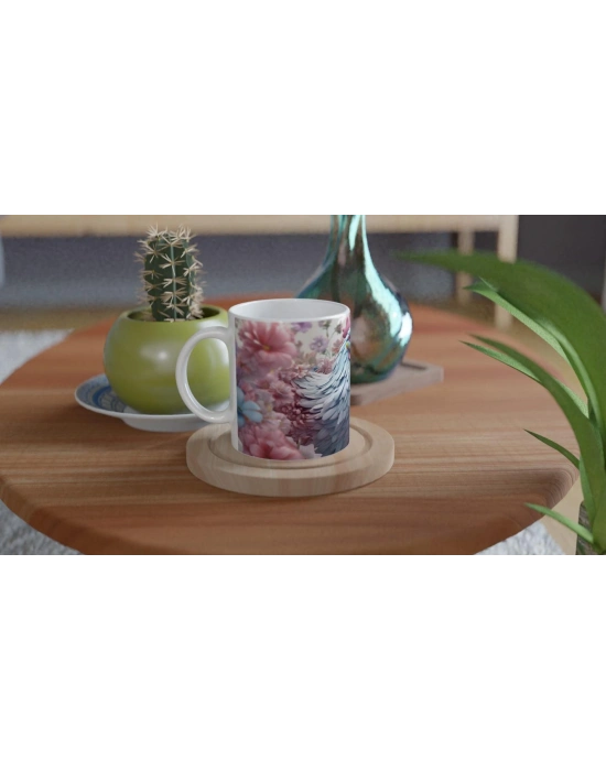 Pastel Renkli Çiçekler Arasında Mavi Horoz Baskılı Kupa Bardak