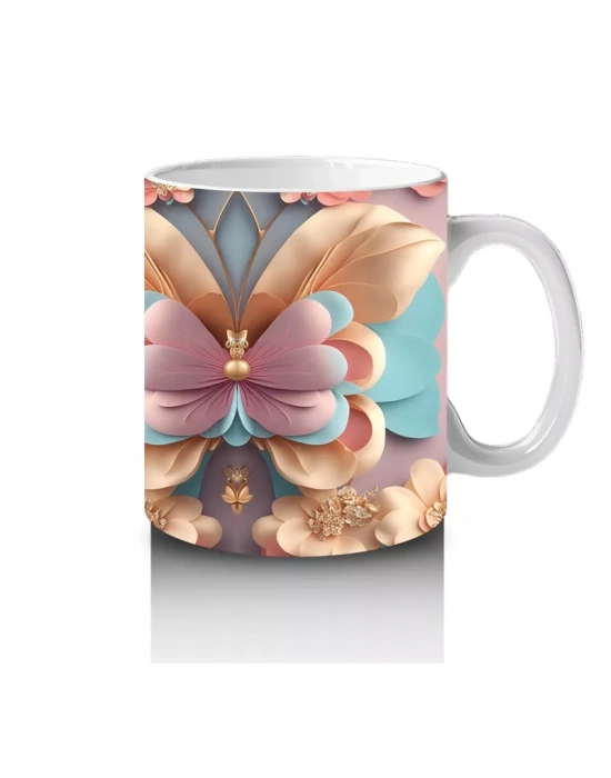 Pastel Renkli İkiz Kelebekler Deseni – Baskılı Kahve Kupası