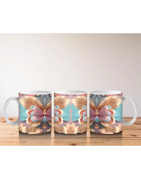 Pastel Renkli İkiz Kelebekler Deseni – Baskılı Kahve Kupası