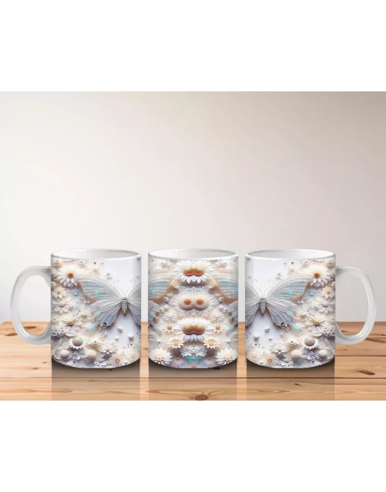 Pastel Renkli Rölyef Kelebek Deseni – Baskılı Kahve Kupası