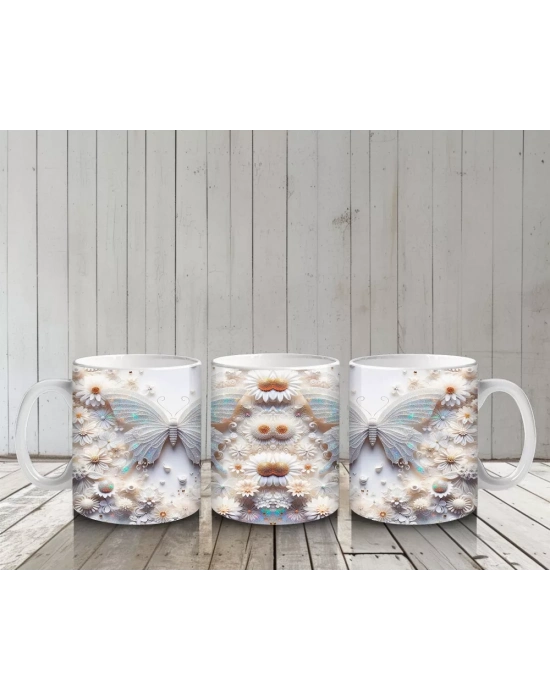 Pastel Renkli Rölyef Kelebek Deseni – Baskılı Kahve Kupası