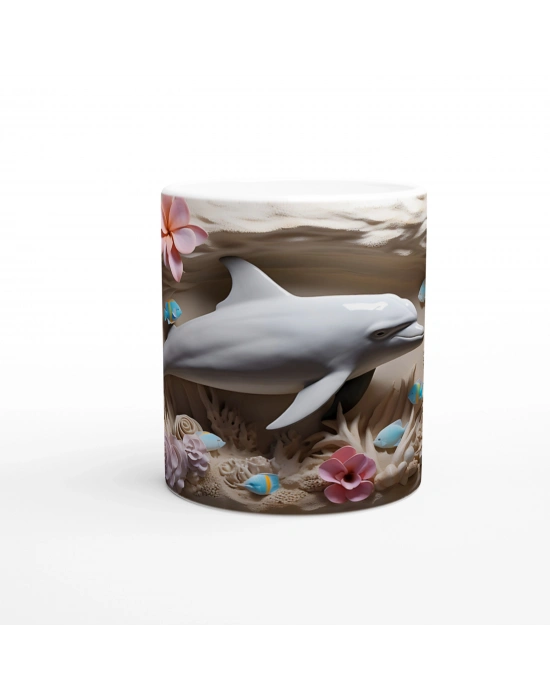 Pastel Tonlarda Çiçekler ve Yunus Desenli Su Altı Temalı Kupa Bardak