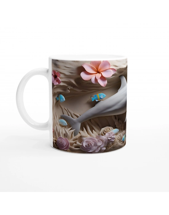 Pastel Tonlarda Çiçekler ve Yunus Desenli Su Altı Temalı Kupa Bardak