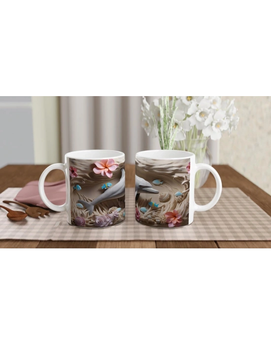 Pastel Tonlarda Çiçekler ve Yunus Desenli Su Altı Temalı Kupa Bardak