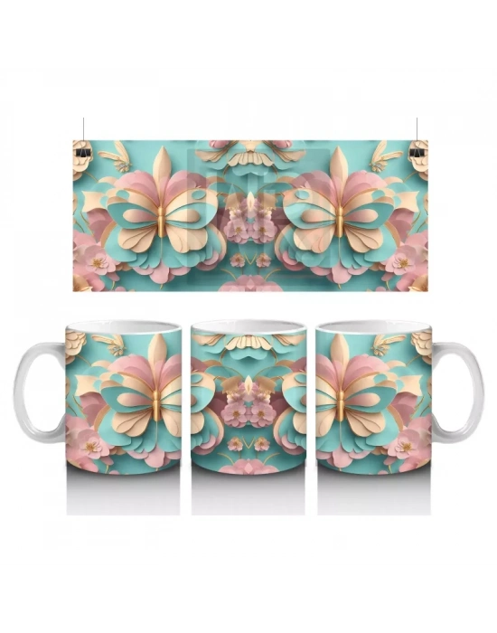 Pastel Tonlarda Dönüşümlü Kelebekler – Baskılı Kahve Kupası