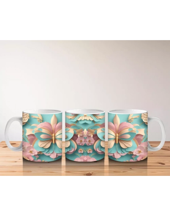 Pastel Tonlarda Dönüşümlü Kelebekler – Baskılı Kahve Kupası