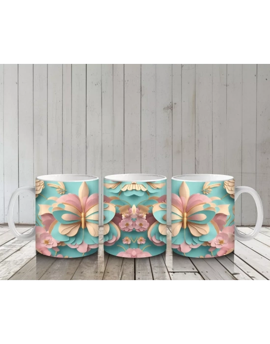 Pastel Tonlarda Dönüşümlü Kelebekler – Baskılı Kahve Kupası