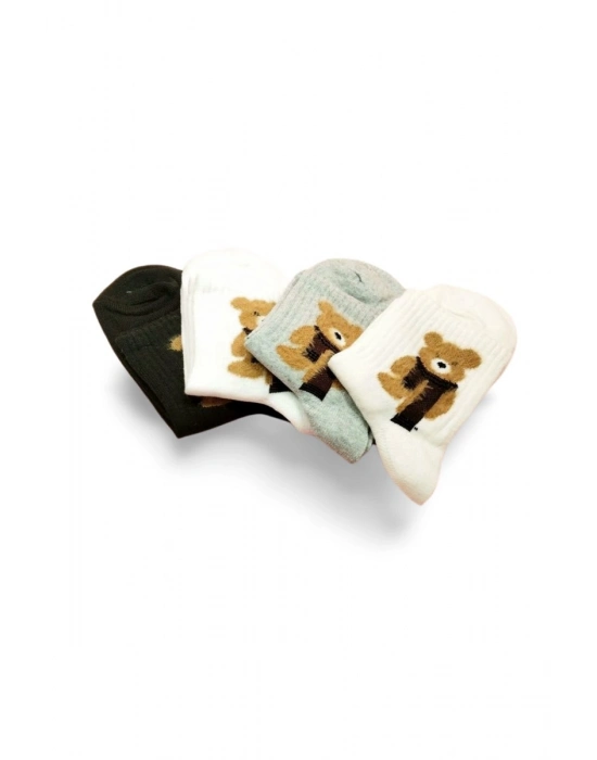 Peluş Ayıcık İşlemeli Kadın Soket Çorap 4 Çift