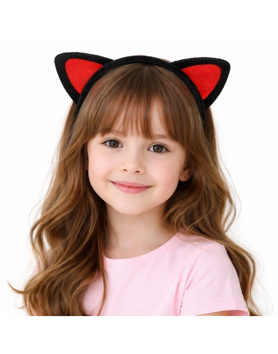 Peluş Kedi Kulak Taç Kırmızı Siyah – Çocuk Parti & Kostüm Tacı