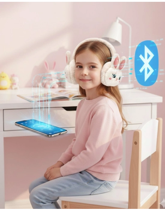 ® Peluş Tavşan Kulaklı Bluetooth Kulaklık Kablosuz Müzik ve TF Kart Destekli