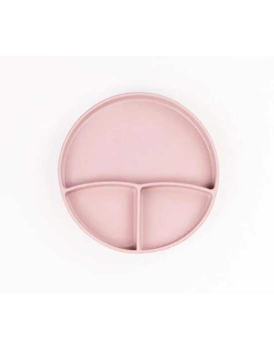 Pembe 3’lü Silikon Yemek Seti – Önlük + Diş Kaşıyıcılı Kaşık + Vakumlu Tabak