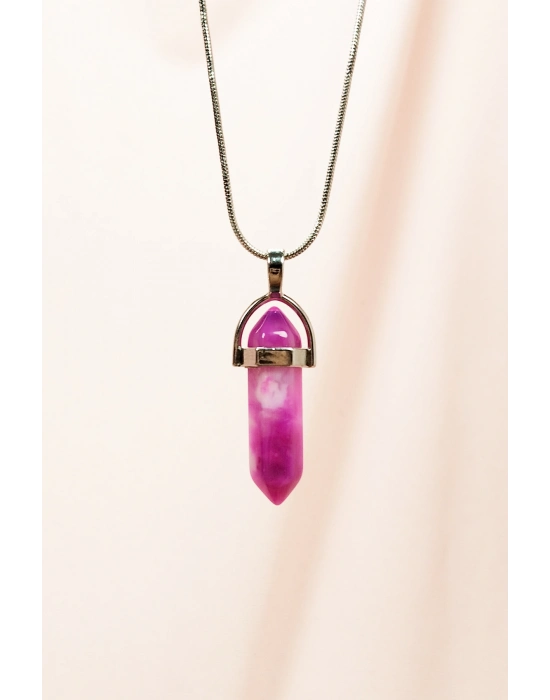 Pembe Akit Doğal Taşı Zincirli El Yapımı Tasarımlı Kolye Uç: 3,5 cm Zincir: 20 cm Kutulu