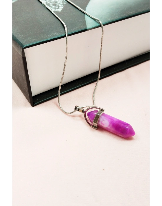 Pembe Akit Doğal Taşı Zincirli El Yapımı Tasarımlı Kolye Uç: 3,5 cm Zincir: 20 cm Kutulu