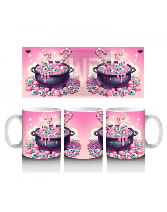 Pembe Arka Plan Üzerinde Şeker Dolu Cadı Kazanı Figürlü Cadılar Bayramı Baskılı Kupa Bardak