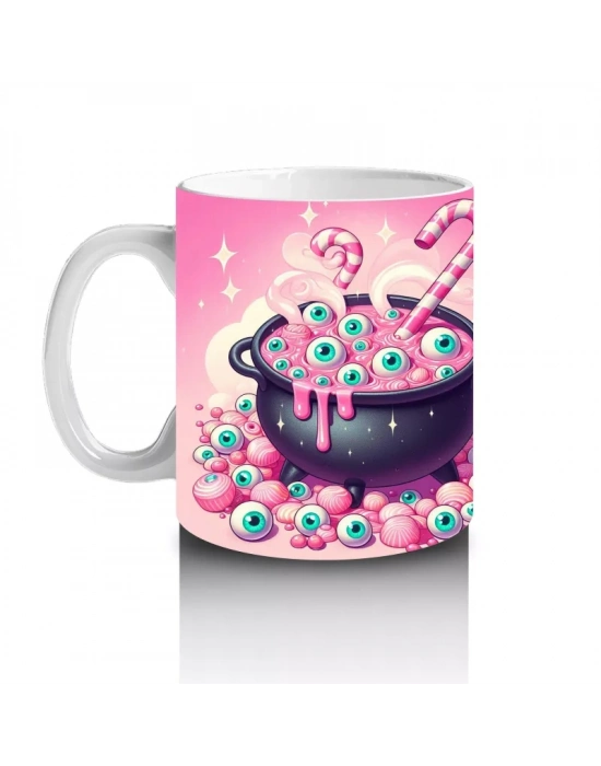 Pembe Arka Plan Üzerinde Şeker Dolu Cadı Kazanı Figürlü Cadılar Bayramı Baskılı Kupa Bardak