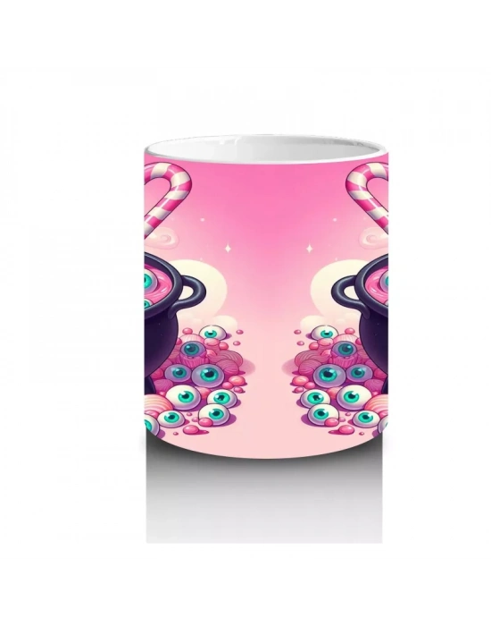 Pembe Arka Plan Üzerinde Şeker Dolu Cadı Kazanı Figürlü Cadılar Bayramı Baskılı Kupa Bardak