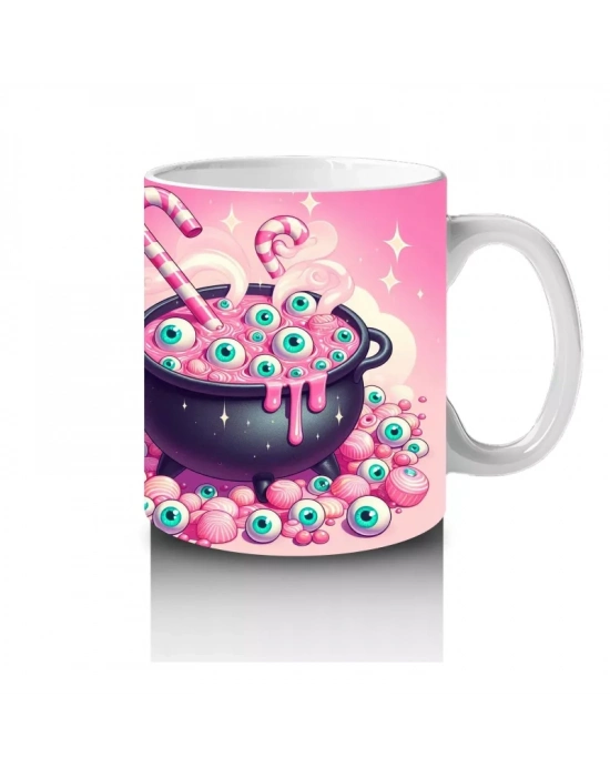 Pembe Arka Plan Üzerinde Şeker Dolu Cadı Kazanı Figürlü Cadılar Bayramı Baskılı Kupa Bardak