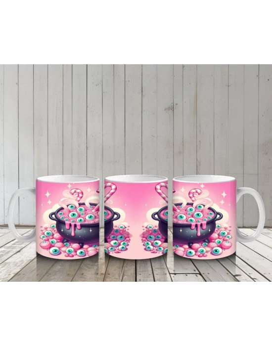 Pembe Arka Plan Üzerinde Şeker Dolu Cadı Kazanı Figürlü Cadılar Bayramı Baskılı Kupa Bardak