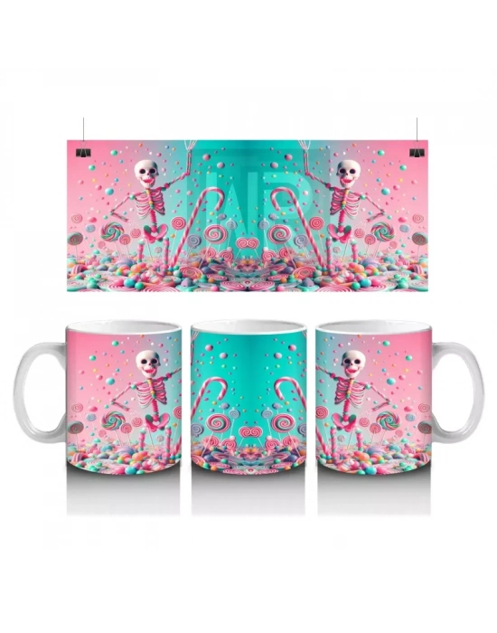 Pembe Arka Plan Üzerinde Şeker Dolu Külah Figürlü Cadılar Bayramı Baskılı Kupa Bardak