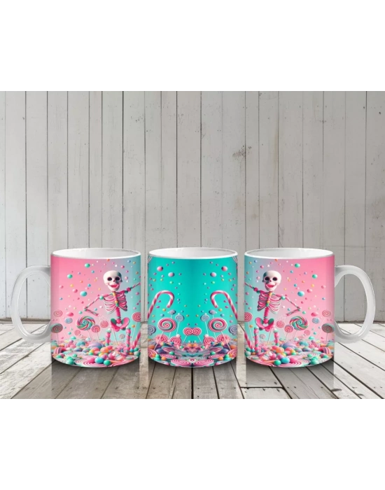 Pembe Arka Plan Üzerinde Şeker Dolu Külah Figürlü Cadılar Bayramı Baskılı Kupa Bardak