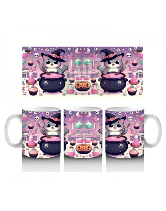 Pembe Arka Plan Üzerinde Sevimli Cadı Kız Figürlü Cadılar Bayramı Baskılı Kupa