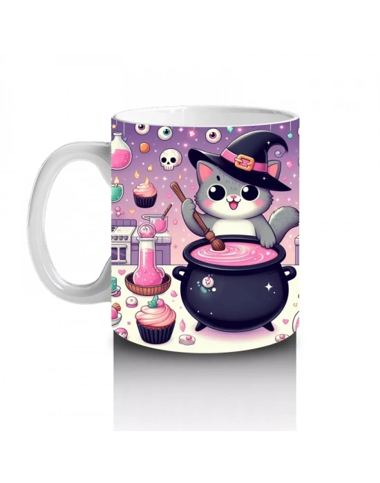 Pembe Arka Plan Üzerinde Sevimli Cadı Kız Figürlü Cadılar Bayramı Baskılı Kupa