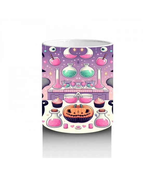 Pembe Arka Plan Üzerinde Sevimli Cadı Kız Figürlü Cadılar Bayramı Baskılı Kupa