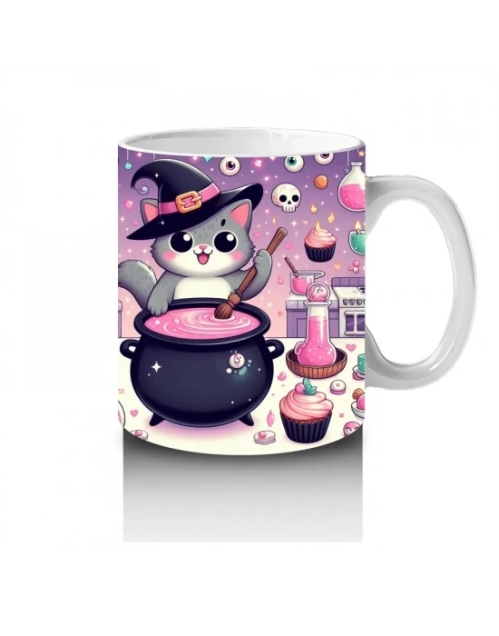 Pembe Arka Plan Üzerinde Sevimli Cadı Kız Figürlü Cadılar Bayramı Baskılı Kupa