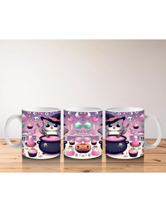 Pembe Arka Plan Üzerinde Sevimli Cadı Kız Figürlü Cadılar Bayramı Baskılı Kupa