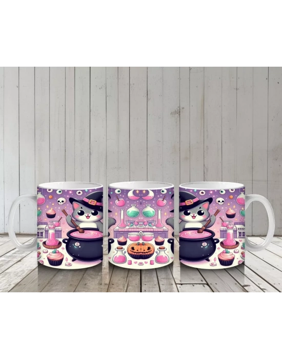 Pembe Arka Plan Üzerinde Sevimli Cadı Kız Figürlü Cadılar Bayramı Baskılı Kupa