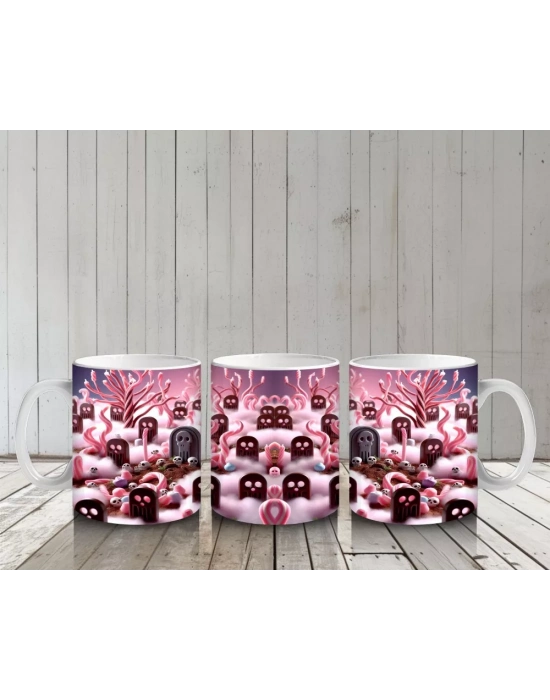 Pembe Arka Plan Üzerinde Vampir Kostümlü Çocuklar Figürlü Tatlı Cadılar Bayramı Baskılı Kupa Bardak