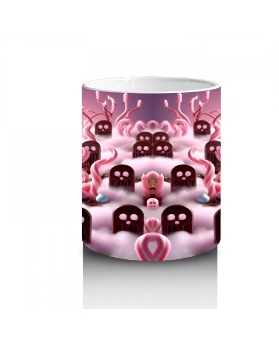 Pembe Arka Plan Üzerinde Vampir Kostümlü Çocuklar Figürlü Tatlı Cadılar Bayramı Baskılı Kupa Bardak