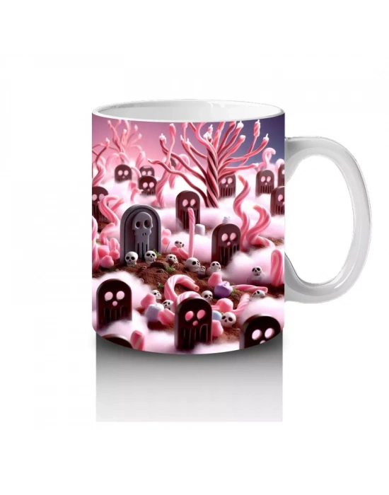 Pembe Arka Plan Üzerinde Vampir Kostümlü Çocuklar Figürlü Tatlı Cadılar Bayramı Baskılı Kupa Bardak