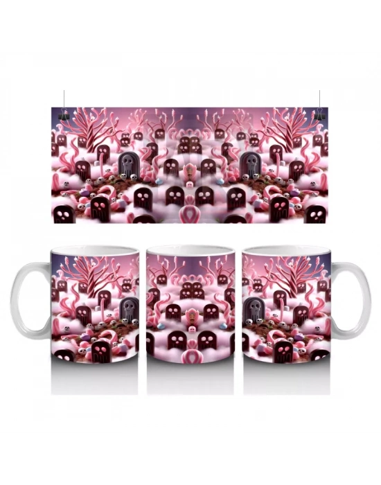 Pembe Arka Plan Üzerinde Vampir Kostümlü Çocuklar Figürlü Tatlı Cadılar Bayramı Baskılı Kupa Bardak