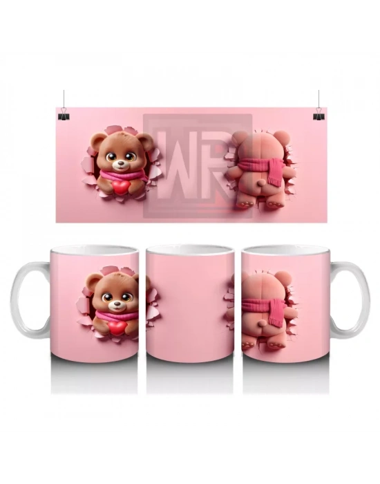 Pembe Arka Planda Kalpli Ayıcık – Baskılı Kahve Kupası