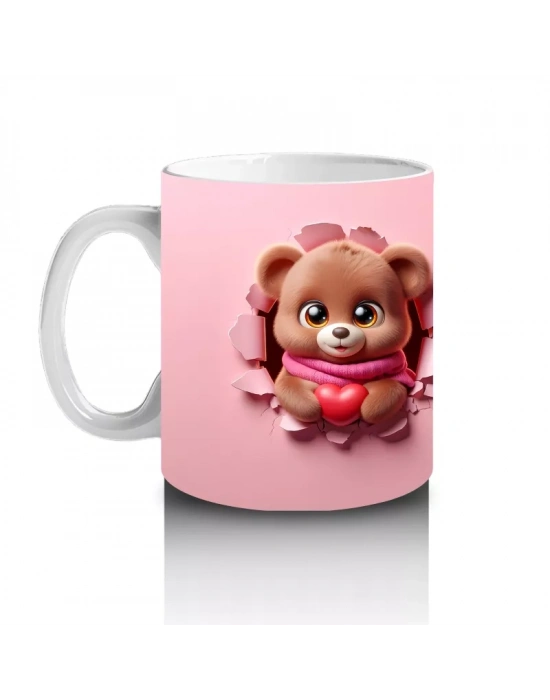 Pembe Arka Planda Kalpli Ayıcık – Baskılı Kahve Kupası