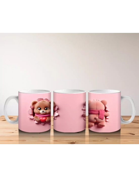 Pembe Arka Planda Kalpli Ayıcık – Baskılı Kahve Kupası