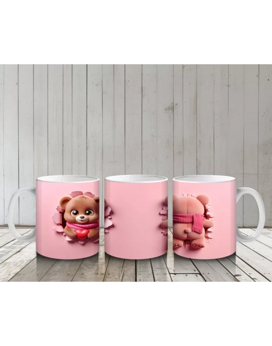 Pembe Arka Planda Kalpli Ayıcık – Baskılı Kahve Kupası
