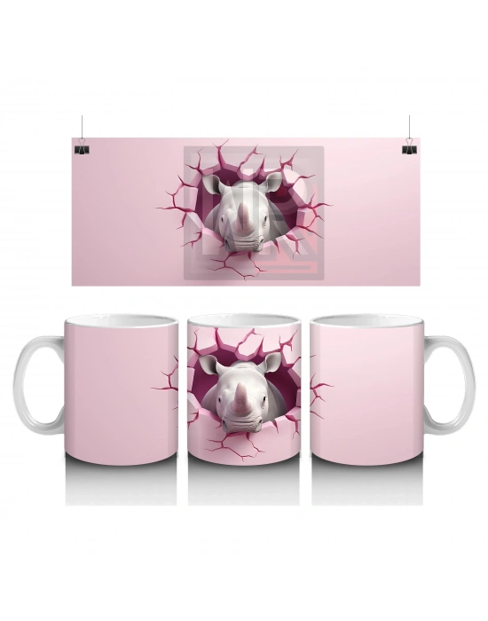 Pembe Arka Planda Kırık Duvarlı Gergedan - Baskılı Kahve Kupası