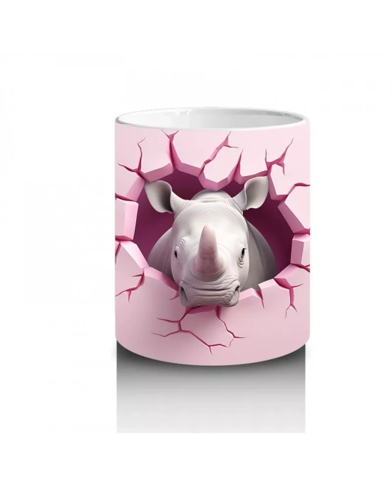 Pembe Arka Planda Kırık Duvarlı Gergedan - Baskılı Kahve Kupası