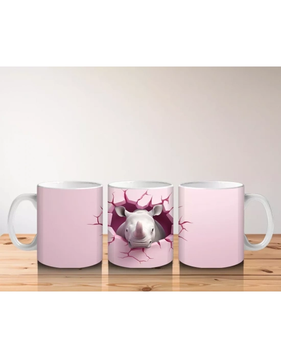 Pembe Arka Planda Kırık Duvarlı Gergedan - Baskılı Kahve Kupası